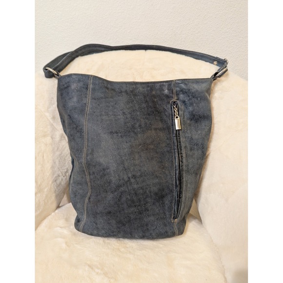 Derek Alexander Leather Hobo Shoulder Bag Dark Blue Distressed Style - Picture 2 of 16